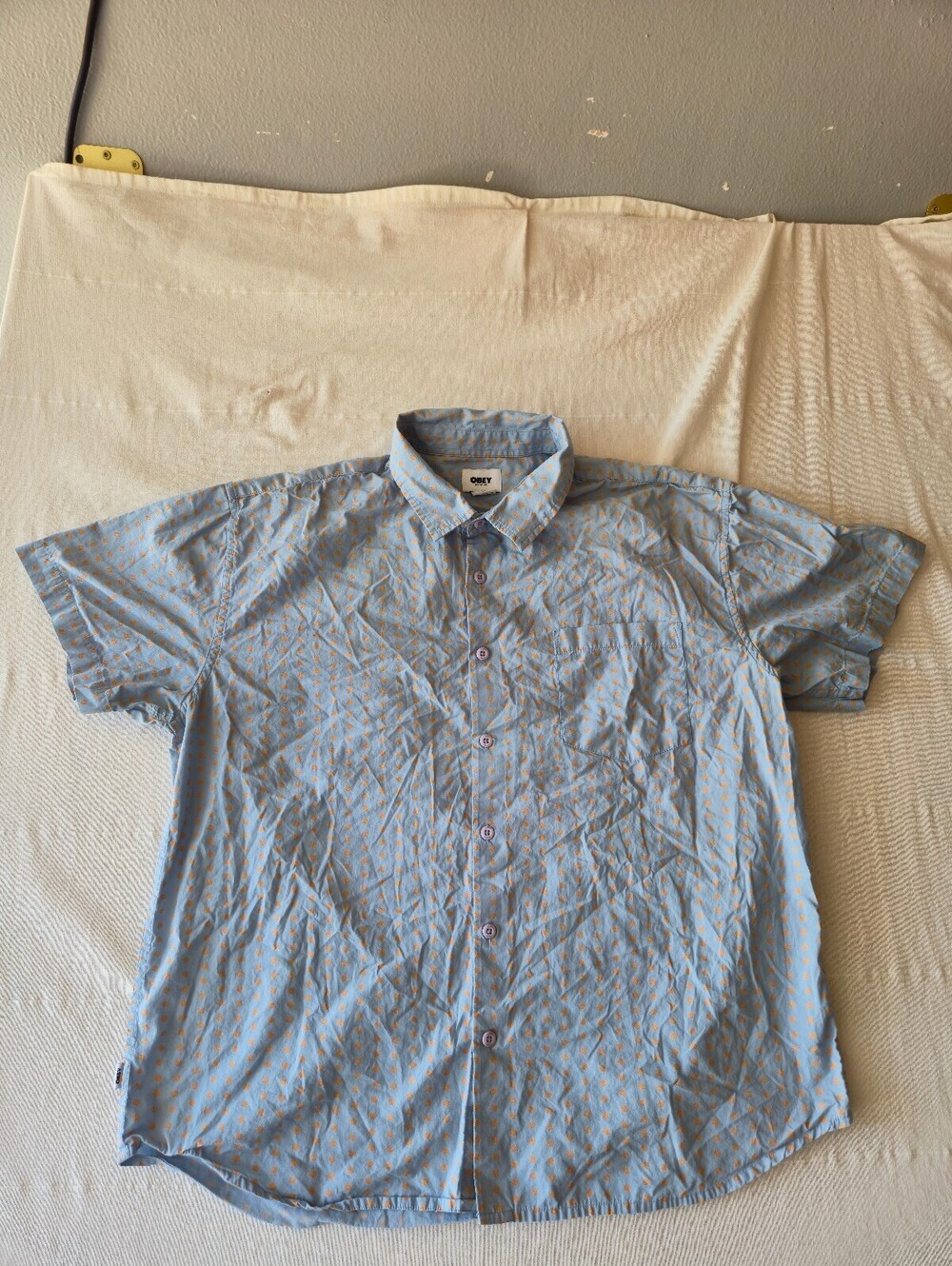 Obey Organic XL Light Blue Short Sleeve Button-Up Shirt with Orange Dot Pattern